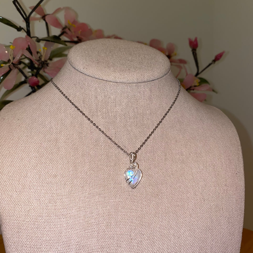 Rainbow Moonstone Heart Necklace (Choose Chain)